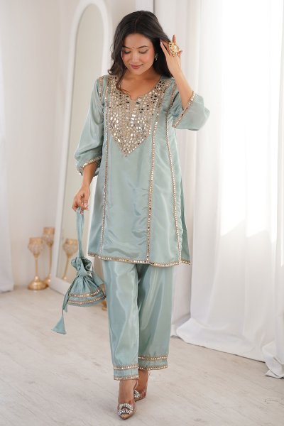 Sky Blue Silk Embroidered Kurta Top With Pants And Potli Bag