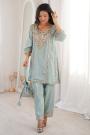 Sky Blue Silk Embroidered Kurta Top With Pants And Potli Bag