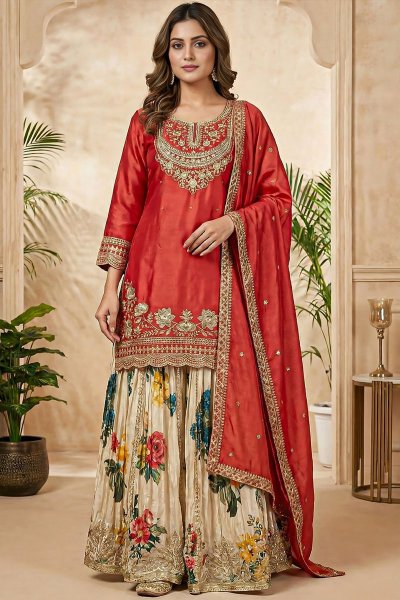Brick Red Chinon Silk Hand Embroidered Kurta With Ivory Floral Printed Skirt & Dupatta
