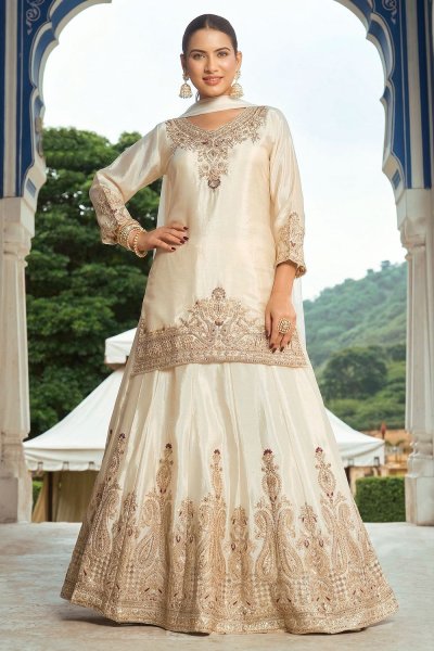 Light Beige Chinon Silk Embroidered Kurta With Skirt & Net Dupatta