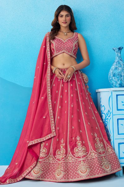 Deep Pink Tissue Silk Embroidered Lehenga Set