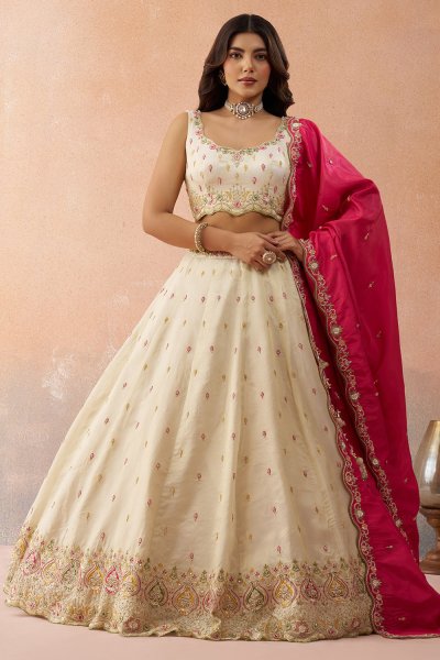 Ivory Silk Embroidered Lehenga Set With Deep Pink Dupatta