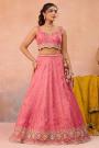 Coral Pink Silk Embroidered Lehenga Set With Mustard Dupatta