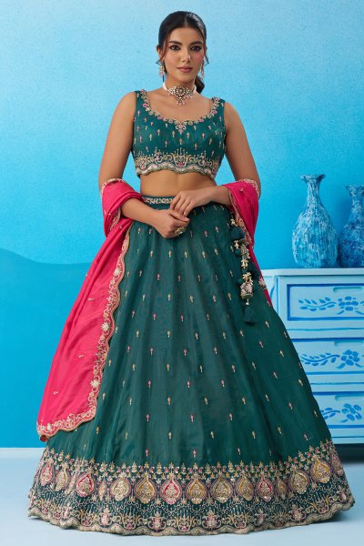 Prussian Blue Silk Embroidered Lehenga Set With Fuchsia Pink Dupatta