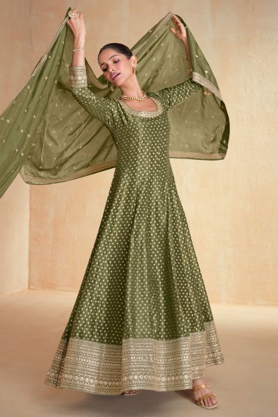 Dark Olive Green Zari Woven & Embroidered Organza Silk Anarkali Dress With Dupatta
