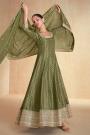 Dark Olive Green Zari Woven & Embroidered Organza Silk Anarkali Dress With Dupatta