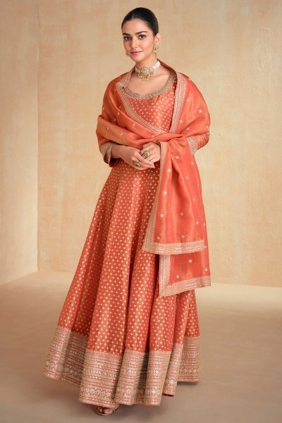 Coral Orange Zari Woven & Embroidered Organza Silk Anarkali Dress With Dupatta