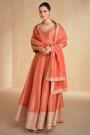 Coral Orange Zari Woven & Embroidered Organza Silk Anarkali Dress With Dupatta