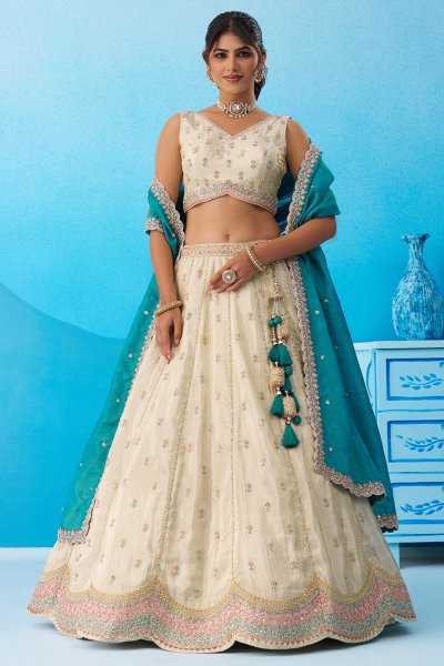 Ivory & Prussian Blue Tissue Silk Embroidered Lehenga Set