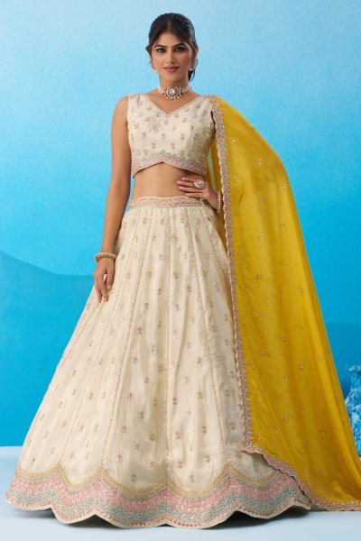 Ivory & Yellow Tissue Silk Embroidered Lehenga Set