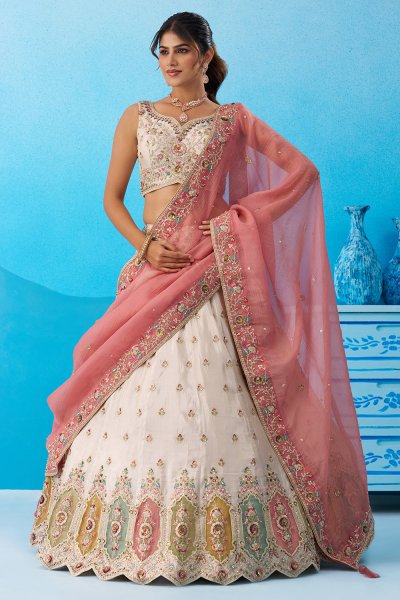 Ivory & Blush Pink Tissue Silk Embroidered Lehenga Set