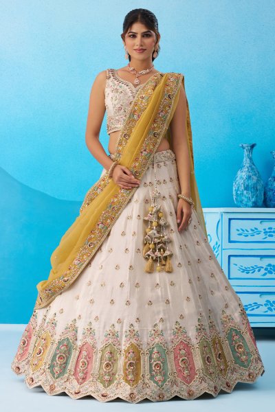 Ivory & Mustard Tissue Silk Embroidered Lehenga Set