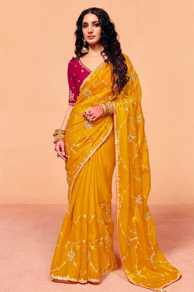 Mustard Yellow Tissue Silk Embroidered Saree With Hand Worked Blouse