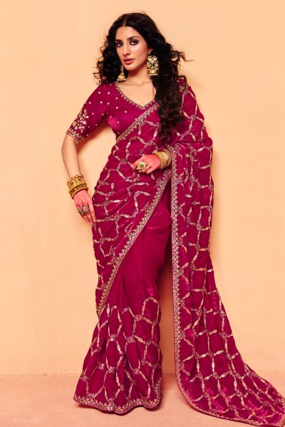 Maroon Tissue Silk Embroidered Saree With Hand Worked Blouse