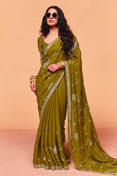 Olive Green Tissue Silk Embroidered Saree With Hand Worked Blouse