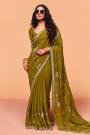 Olive Green Tissue Silk Embroidered Saree With Hand Worked Blouse