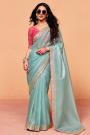 Aqua Blue Tissue Silk Embroidered Saree With Hand Worked Blouse