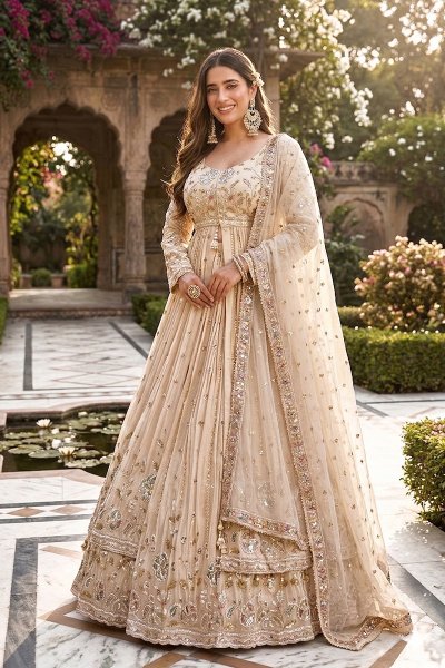 Ivory Zari Silk Hand Embroidered Front Slit Anarkali With Skirt And Dupatta
