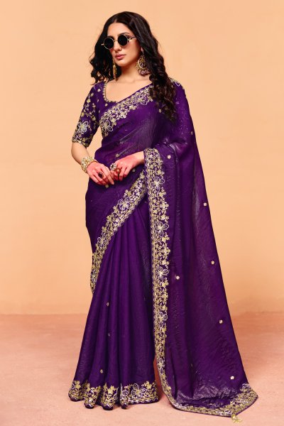 Violet Tissue Silk Embroidered Saree With Hand Worked Blouse