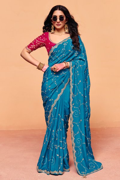 Prussian Blue Tissue Silk Embroidered Saree With Hand Worked Blouse