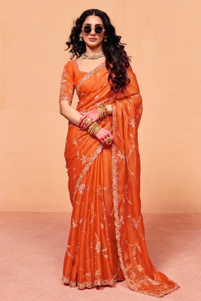 Coral Orange Tissue Silk Embroidered Saree With Hand Worked Blouse