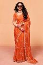 Coral Orange Tissue Silk Embroidered Saree With Hand Worked Blouse
