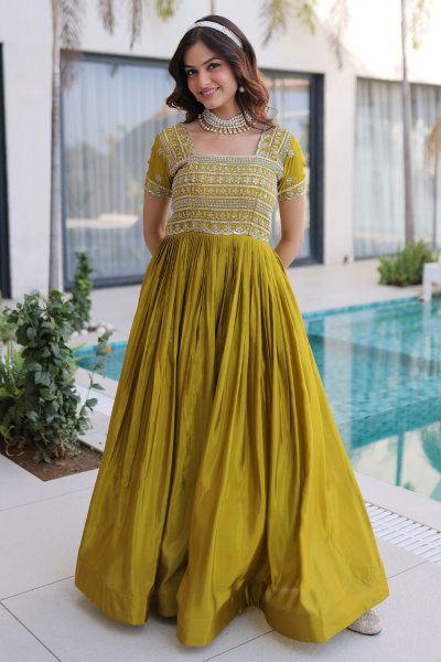 Olive Green Silk Embroidered Anarkali Dress