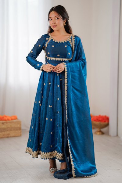Prussian Blue Silk Embroidered Anarkali Set