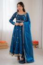 Prussian Blue Silk Embroidered Anarkali Set