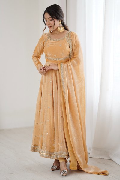 Pale Yellow Silk Embroidered Anarkali Set