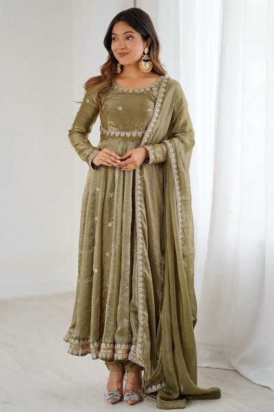 Olive Green Silk Embroidered Anarkali Set
