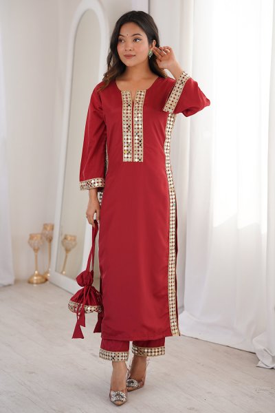 Maroon Crepe Silk Mirror Embroidered Kurti & Pant Set With Potli Bag