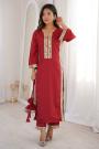 Maroon Crepe Silk Mirror Embroidered Kurti & Pant Set With Potli Bag