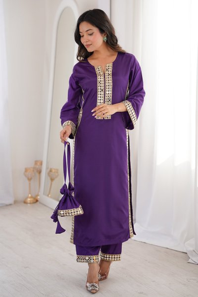 Purple Crepe Silk Mirror Embroidered Kurti & Pant Set With Potli Bag