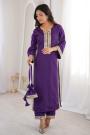 Purple Crepe Silk Mirror Embroidered Kurti & Pant Set With Potli Bag