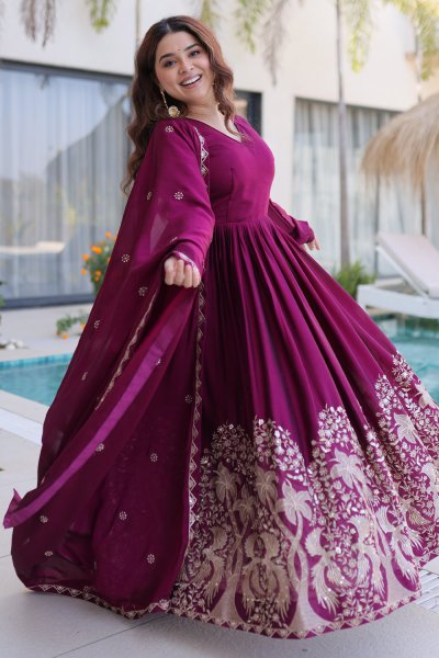 Plum Silk Embroidered Anarkali Dress With Dupatta