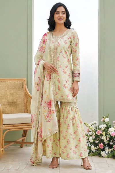 Pastel Ivory Green Floral Printed & Embroidered Premium Cotton Sharara Kurta Set