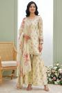 Pastel Ivory Green Floral Printed & Embroidered Premium Cotton Sharara Kurta Set