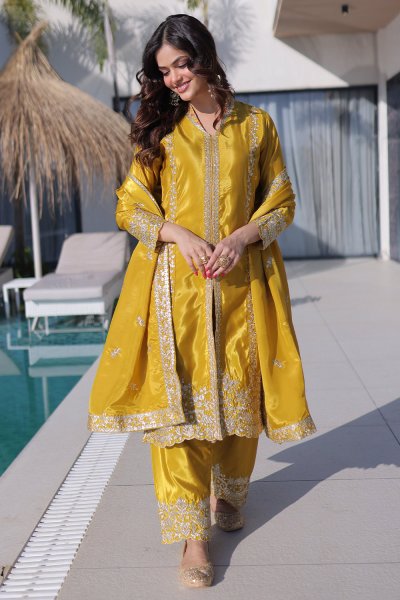 Yellow Silk Embroidered Kurta Set