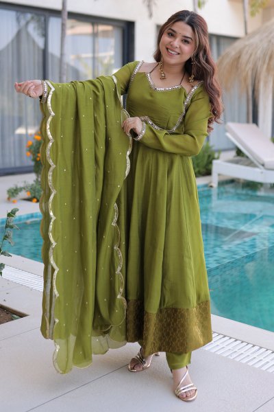 Fern Green Chanderi Silk Embroidered & Zari Woven Anarkali Set
