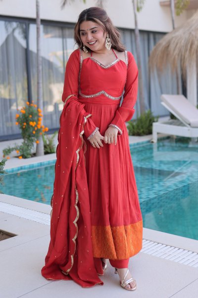 Red Chanderi Silk Embroidered & Zari Woven Anarkali Set