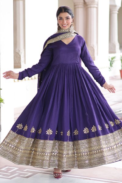 Purple Silk Embroidered Anarkali Dress With Dupatta