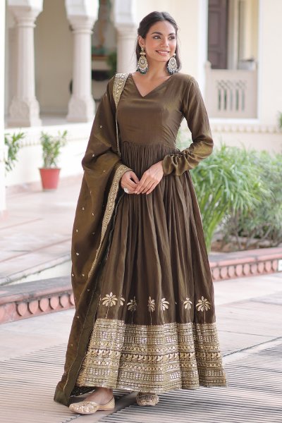 Dark Olive Green Silk Embroidered Anarkali Dress With Dupatta