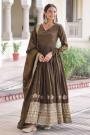Dark Olive Green Silk Embroidered Anarkali Dress With Dupatta