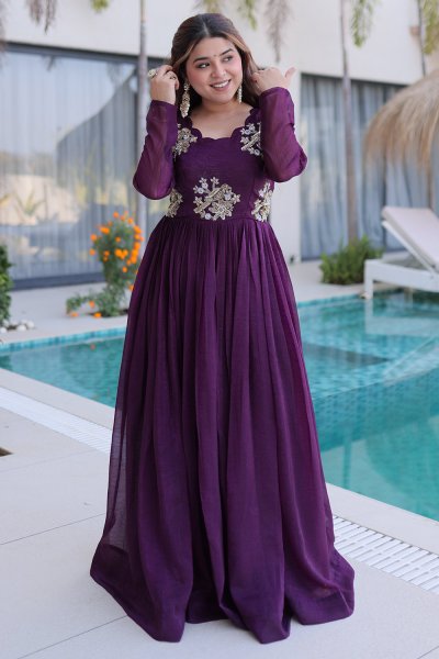 Plum Silk Embroidered Anarkali Dress