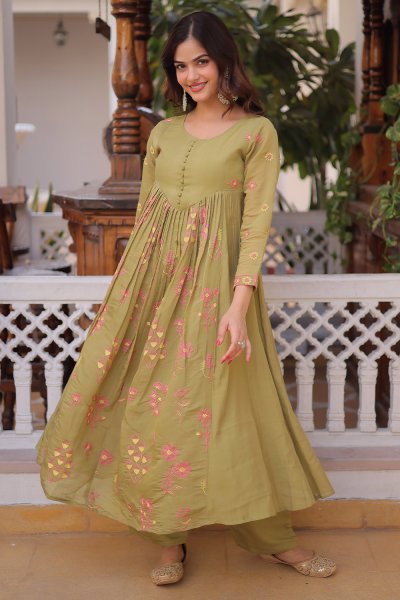 Pastel Green Chanderi Cotton Embroidered Anarkali Dress