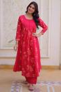 Coral Red Chanderi Cotton Embroidered Anarkali Dress