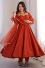 Burnt Orange Chanderi Silk Laced Anarkali Dress With Dupatta