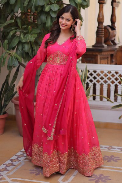 Fuchsia Pink Printed & Embroidered Silk Anarkali Dress With Dupatta