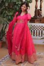 Fuchsia Pink Printed & Embroidered Silk Anarkali Dress With Dupatta